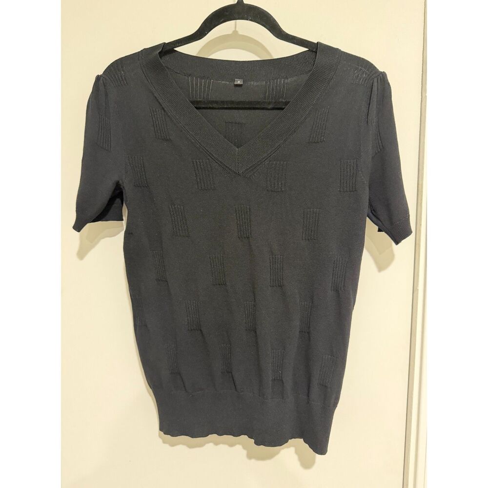 Arach&Cloz Black Short Sleeve V-Neck Textured Geometric Knit Sweater Top Size S